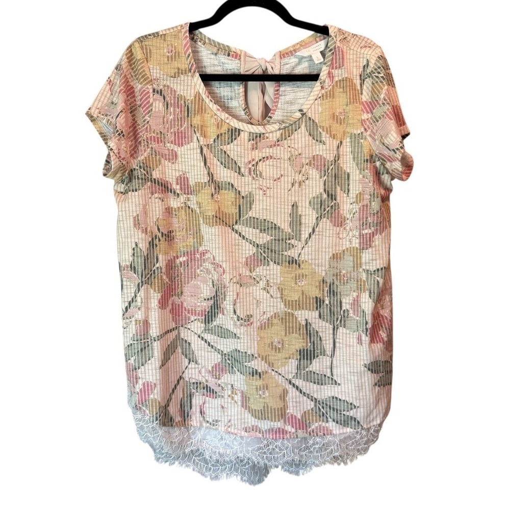 LC Lauren Conrad Floral Lace Hem Bow Back Knit Top Pink Yellow Large